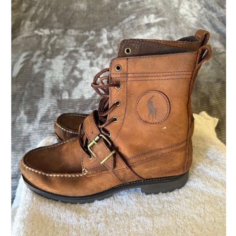 Polo Ralph Lauren Ranger Brown Leather Buckle Moc Toe Lace Up Boots Mens 8D